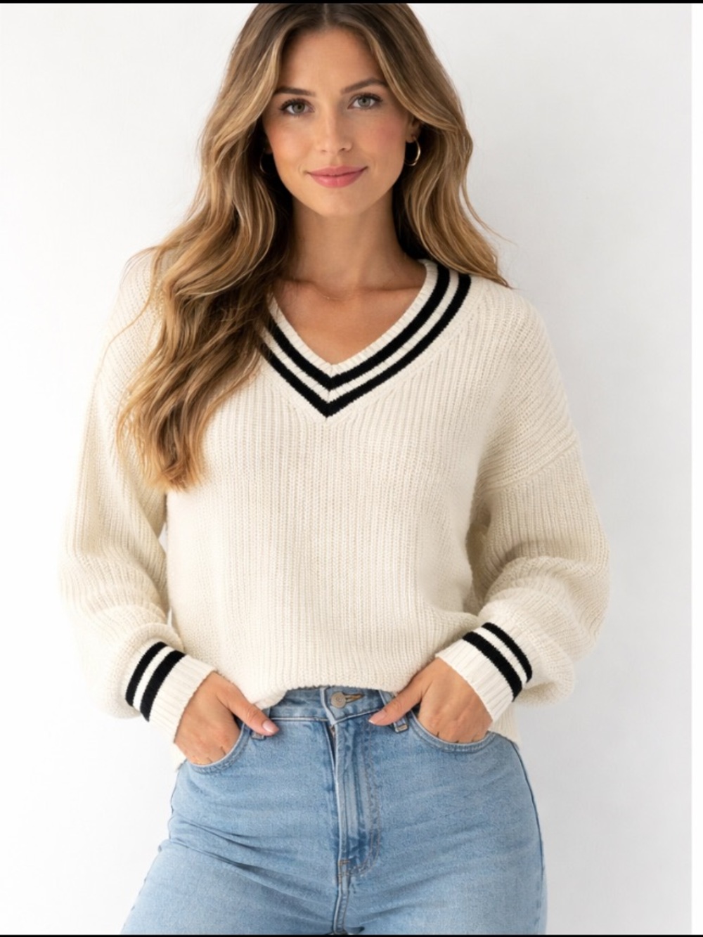 Cream V-Neck Rugby Stripe Sweater